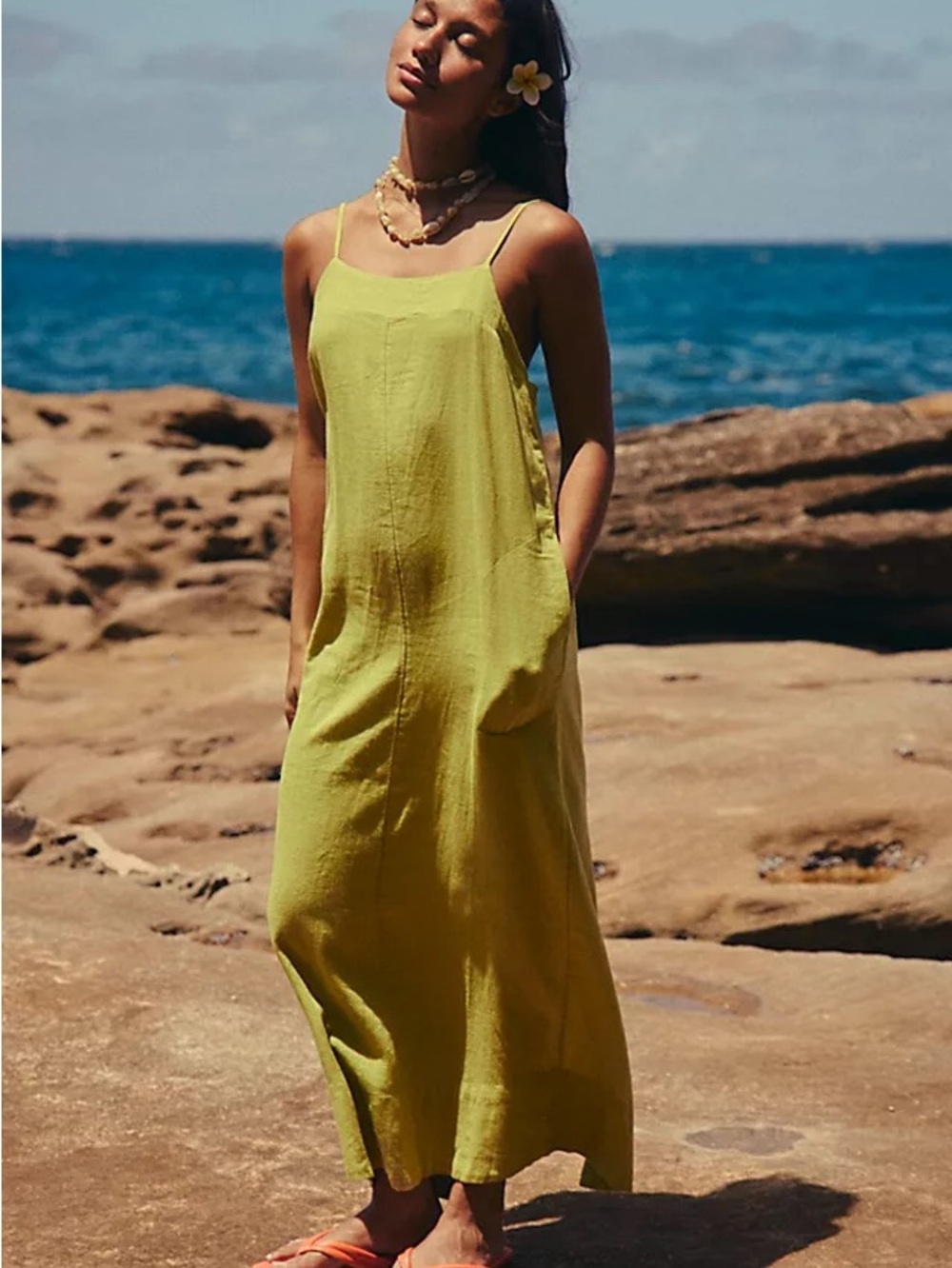 Free People Linen Summer Effortless Chic Maxi Dress in Lime Green size Large